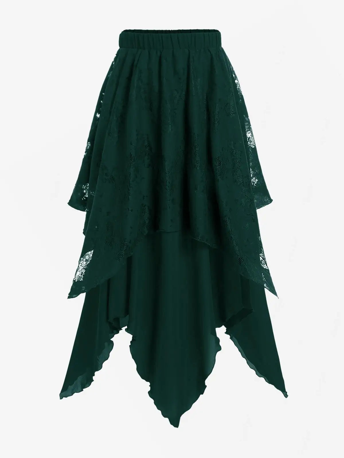 Sizes to 5XL Gothic Asymmetrical Skirt with Layered Lace Overlay, Handky Hem, Flowy Maxi Skirt Black, Deep Red, and White