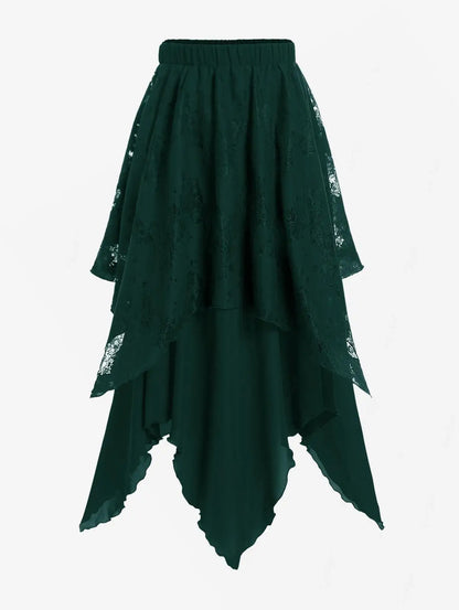 Sizes to 5XL Gothic Asymmetrical Skirt with Layered Lace Overlay, Handky Hem, Flowy Maxi Skirt Black, Deep Red, and White