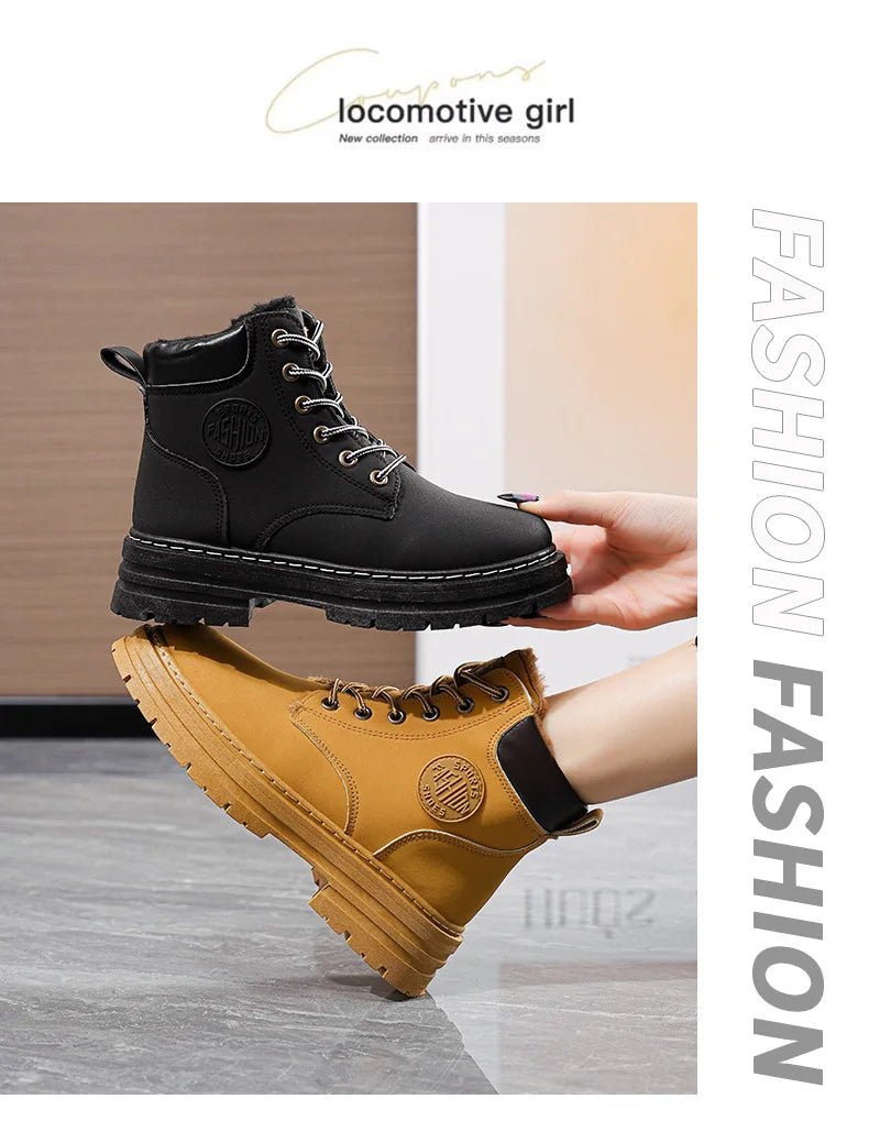 High Top Work Boots, Thick Soled, Lace-Up, Anti-Slip Warm Waterproof Women's Boots in Black and Marigold