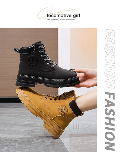High Top Work Boots, Thick Soled, Lace-Up, Anti-Slip Warm Waterproof Women's Boots in Black and Marigold