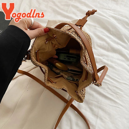 Braided Straw Bucket Bag, Drawstring Shoulder Crossbody Bag,