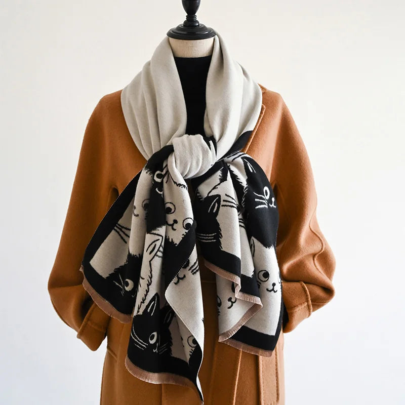 Cute Cat Ladies' Jacquard Pashmina Cashmere Scarf Thick Warm