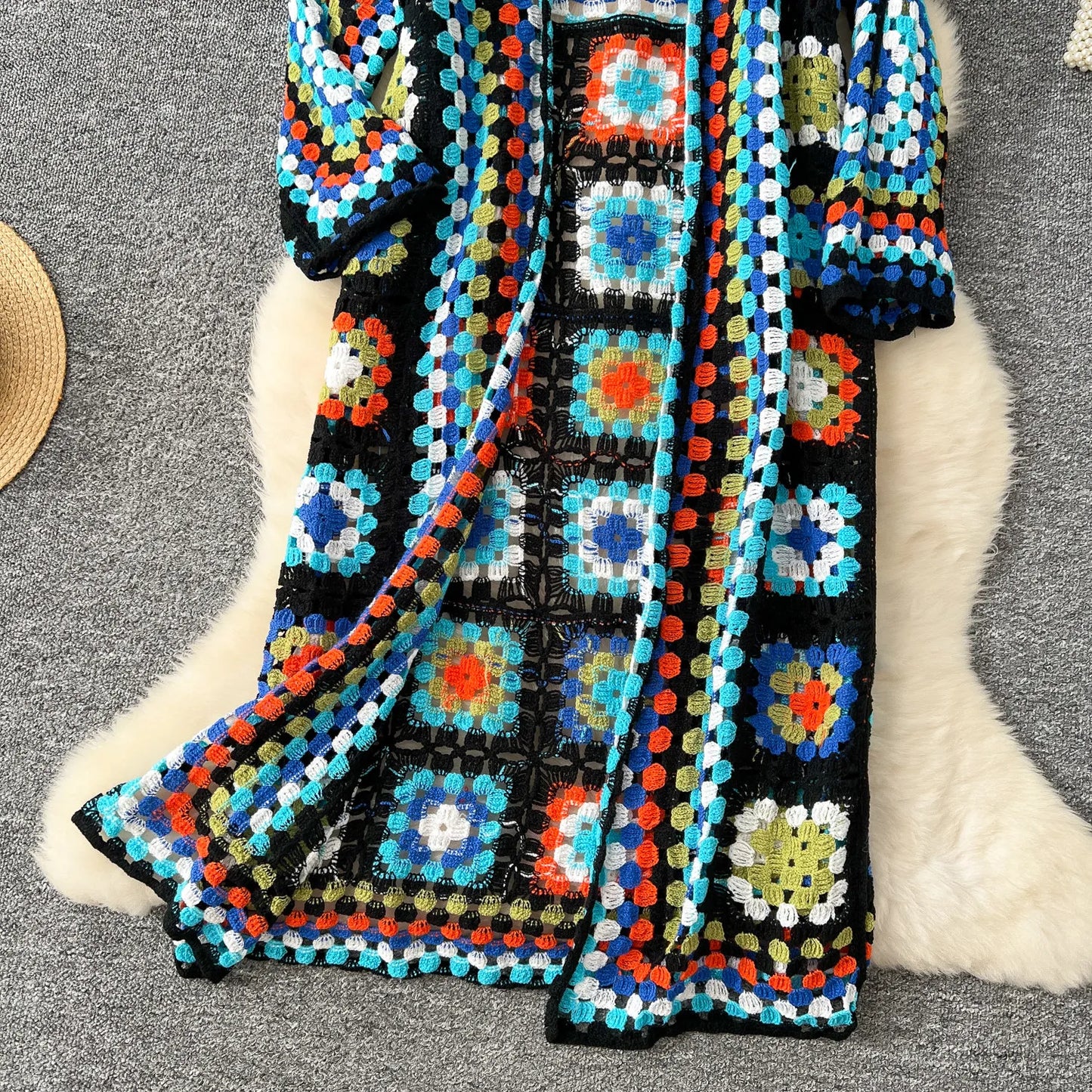 Boho Crocheted Knit Cardigan Midi Length