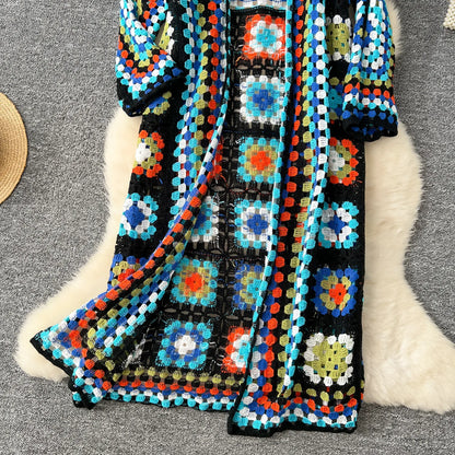 Boho Crocheted Knit Cardigan Midi Length