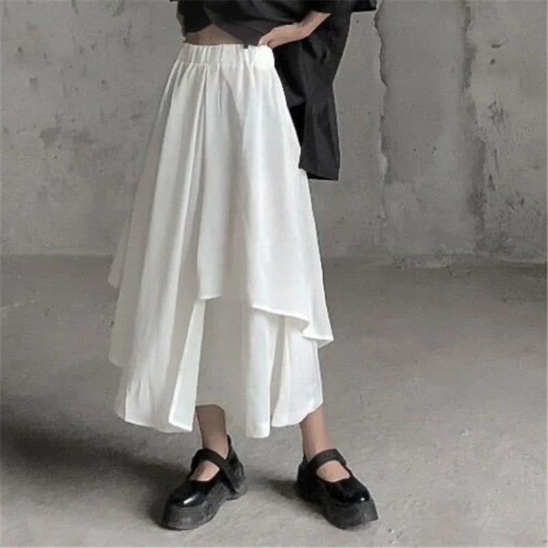 Boho Gothic Irregular Hem Coulottes Sizes to 2XL High Waist White or Black Long Skirts in Brown, Black, and White