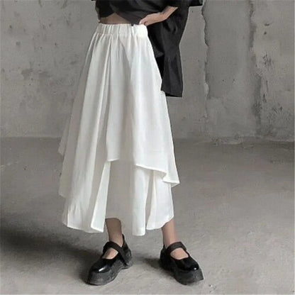 Boho Gothic Irregular Hem Coulottes Sizes to 2XL High Waist White or Black Long Skirts in Brown, Black, and White