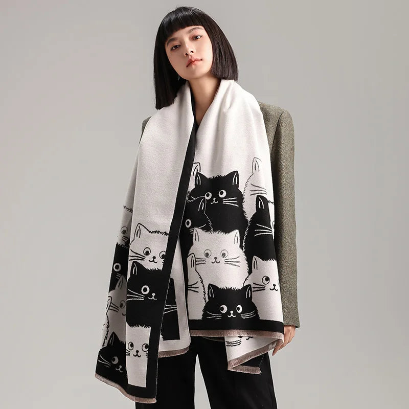 Cute Cat Ladies' Jacquard Pashmina Cashmere Scarf Thick Warm