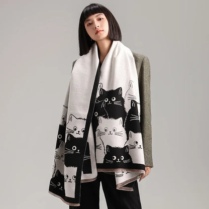 Cute Cat Ladies' Jacquard Pashmina Cashmere Scarf Thick Warm