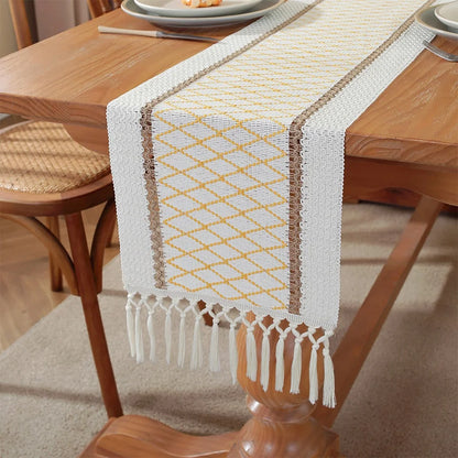 Boho Table Runner Farmhouse Burlap Cotton Table Runner with Woven Macrame Tassels. Various Sizes and Colors