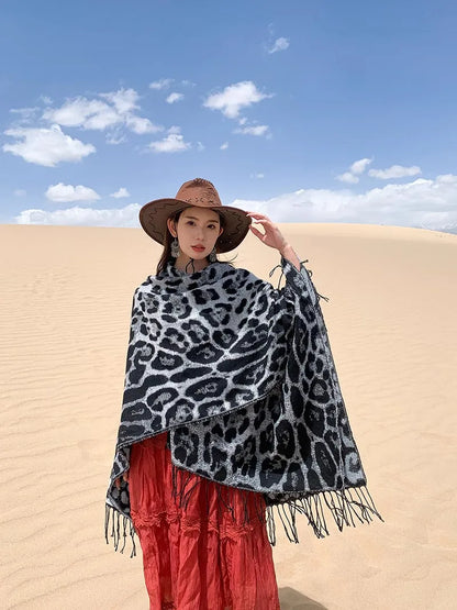 Vintage Boho Leopard Print Soft Over-the-Head Cloaks With Tassels