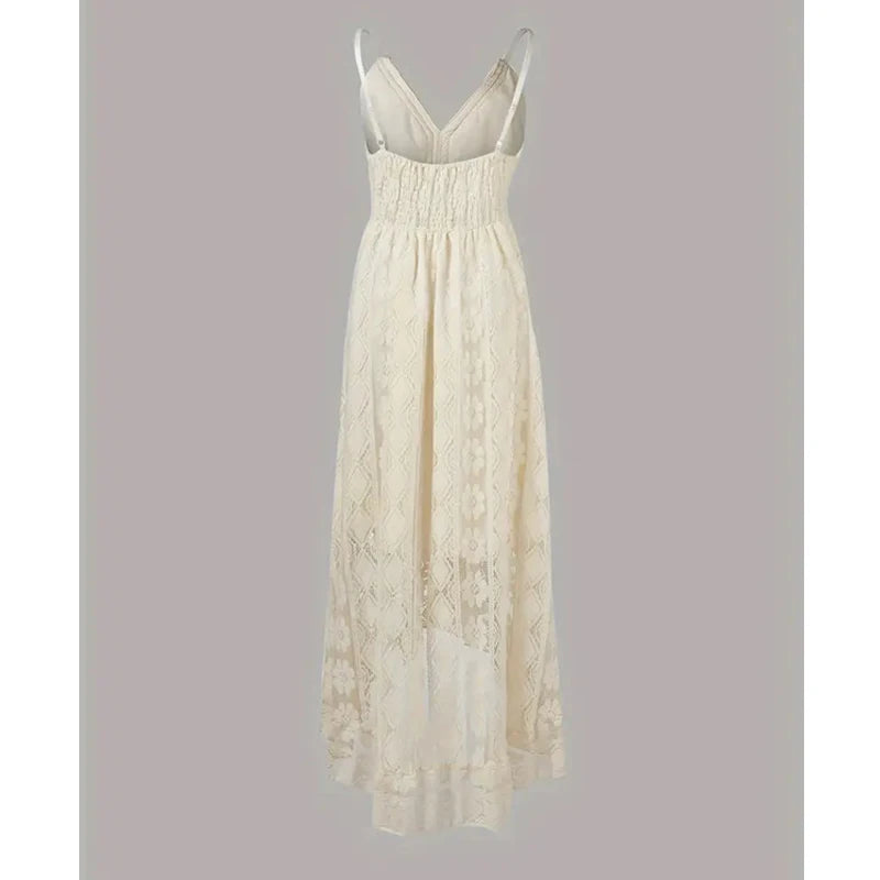 Bohemian Summer Casual V Neck Lace Spaghetti Strap Sundress with High/Low Hem