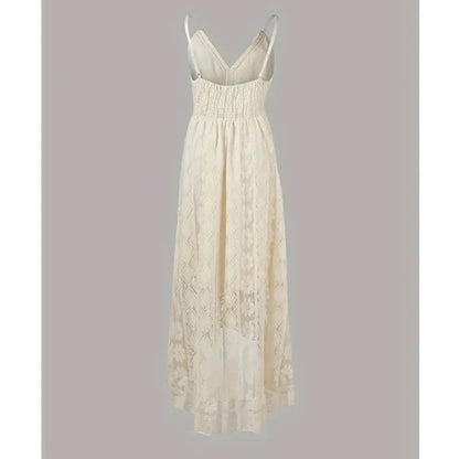 Bohemian Summer Casual V Neck Lace Spaghetti Strap Sundress with High/Low Hem