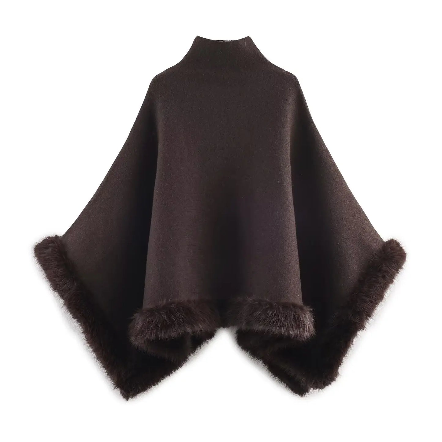 Chic Faux Fur Edged Cape High Collar Casual Loose Knitted