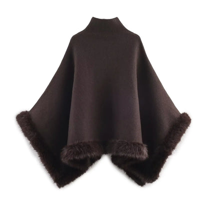 Chic Faux Fur Edged Cape High Collar Casual Loose Knitted