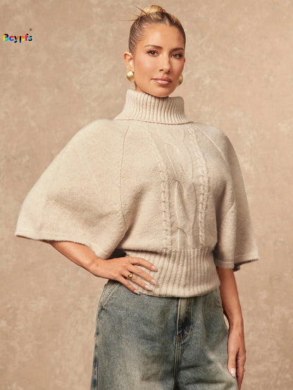 Beige Turtleneck Cable Knit Sweater with Short, Loose Batwing Sleeve, Loose Cropped Pullover