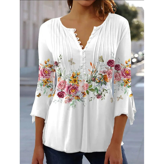 Sizes to 5XL Trendy 3D Printed Top 3/4 Sleeve V Neck Buttons in a wide Assortment of colors and designs
