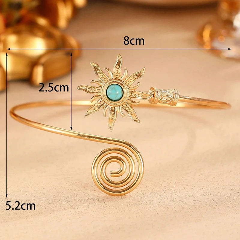 Retro Sunflower Turquoise Cuff Bracelet  Twist Line Wide Open Arm Cuff