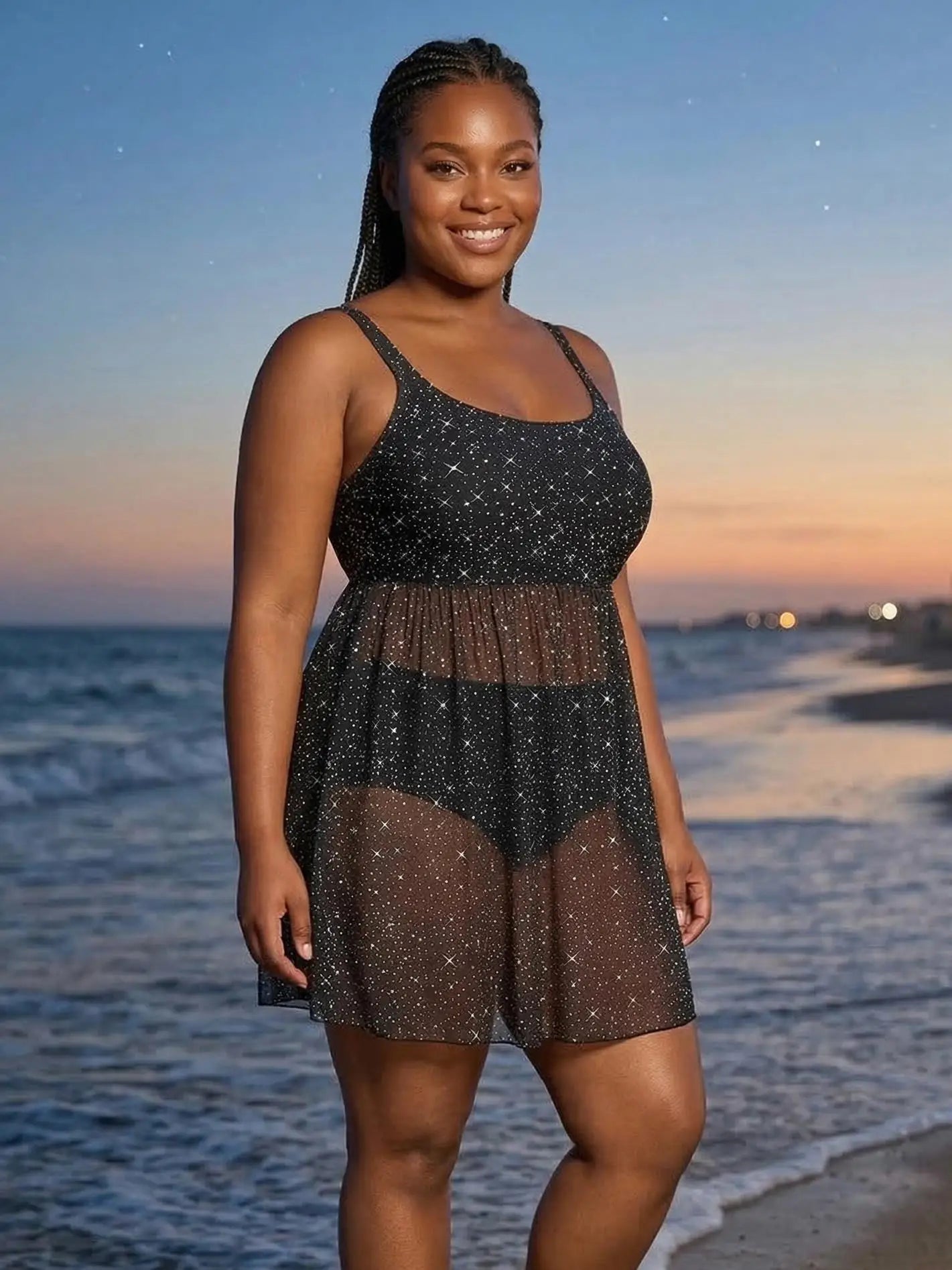 Sizes to 5XL Glitter  Star PRINT Tankini Swimsuit  2Piece with Adjustable Halter Straps and Natural Waisted Bottom