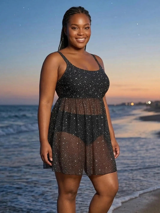 Sizes to 5XL Glitter  Star PRINT Tankini Swimsuit  2Piece with Adjustable Halter Straps and Natural Waisted Bottom