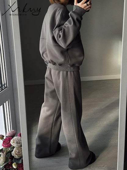 Warm 2 Piece Sweatsuits, Thick Fleece, Zipper Jacket, Batwing Sleeves, Clean Lines