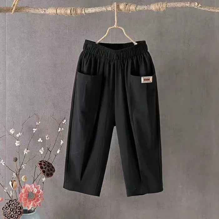 Cotton Linen Cropped 3/4 Length Pants, Loose, Linen with Elastic Waist and Pockets