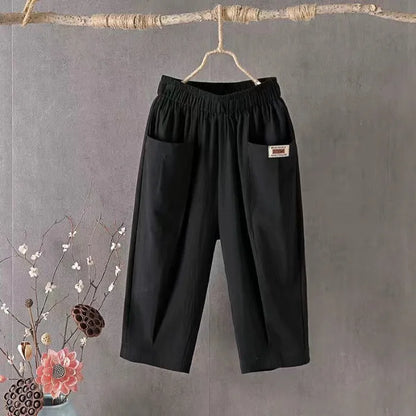 Cotton Linen Cropped 3/4 Length Pants, Loose, Linen with Elastic Waist and Pockets