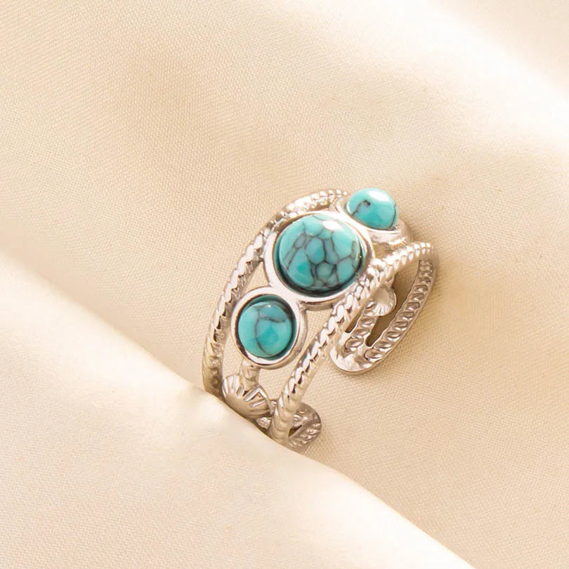 1pc Boho Turquoise Ring Stainless Steel Light Blue Gemstone Silver Adjustable Ring