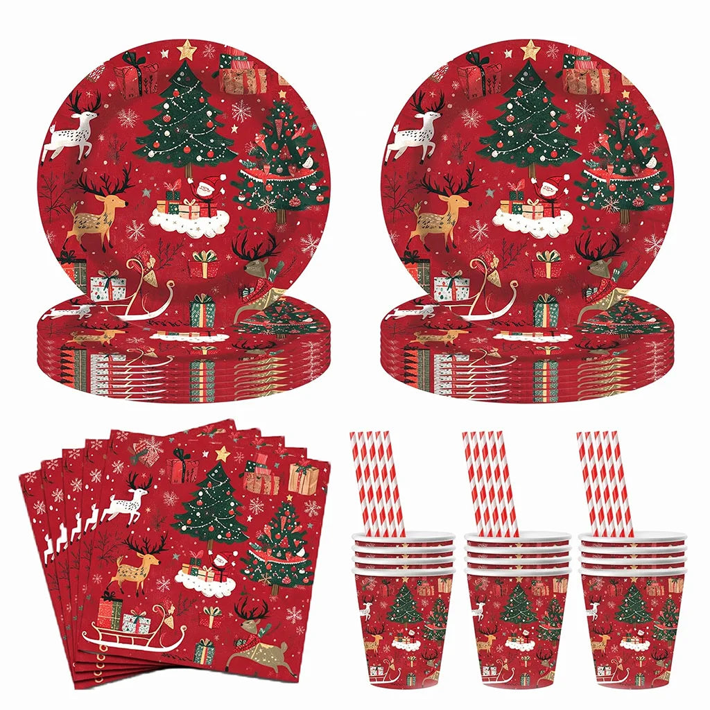 Christmas Reindeer and Trees Disposable Tableware Set, Plates, Cups, Straws, Napkins