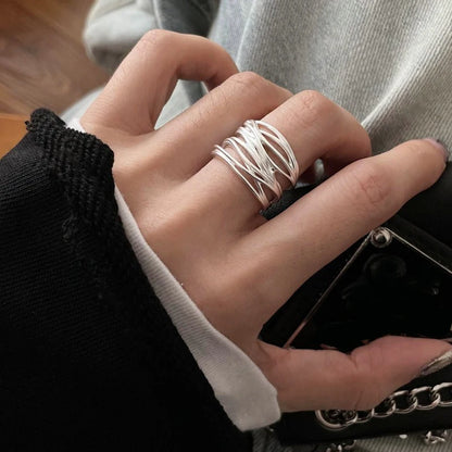Sterling Silver Rings INS Fashion Vintage Hollow Lines  Adjustable  Jewelry