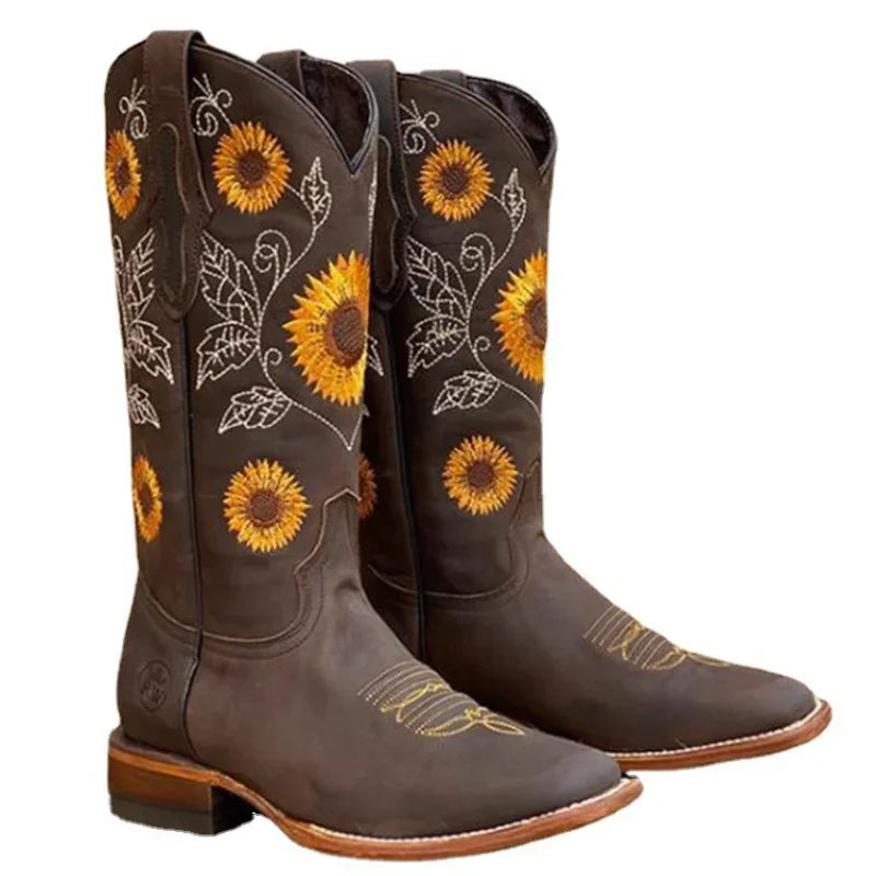 Embroidered Light, Medium, and Dark Brown Faux Leather Boots Deep High Female Casual Boots