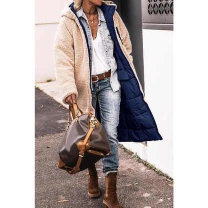 Reversible Sherpa Fleece, Long, Hooded Puffer Coats. Check colors: Brown, Green, Black, Burgundy, Light Gray