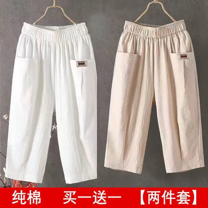 Cotton Linen Cropped 3/4 Length Pants, Loose, Linen with Elastic Waist and Pockets