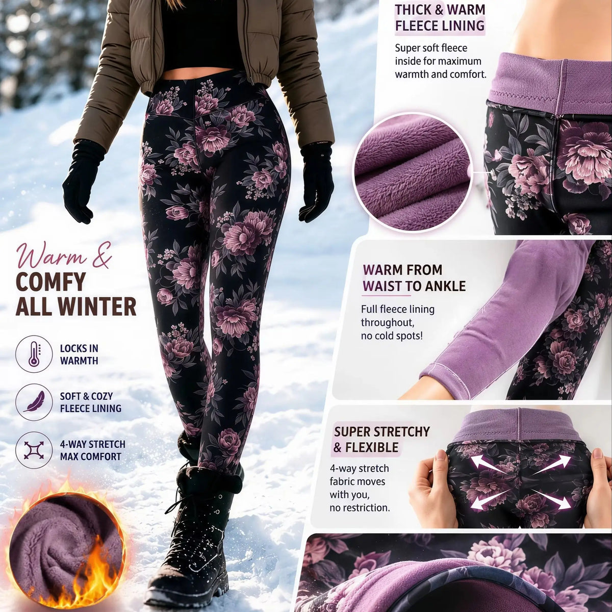 Sizes to 3XL Floral Printed Thick Fleece Lined, Heat Lock and Ankle Length for Winter