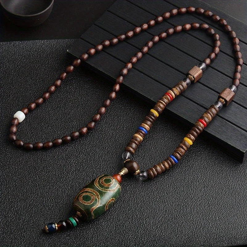 Vintage Handmade Necklace Nepal Mala Wood Beads Pendant & Necklace