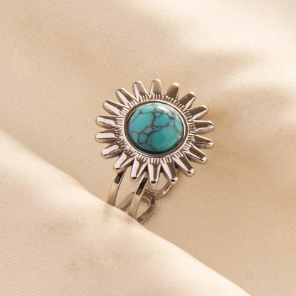 1pc Boho Turquoise Ring Stainless Steel Light Blue Gemstone Silver Adjustable Ring