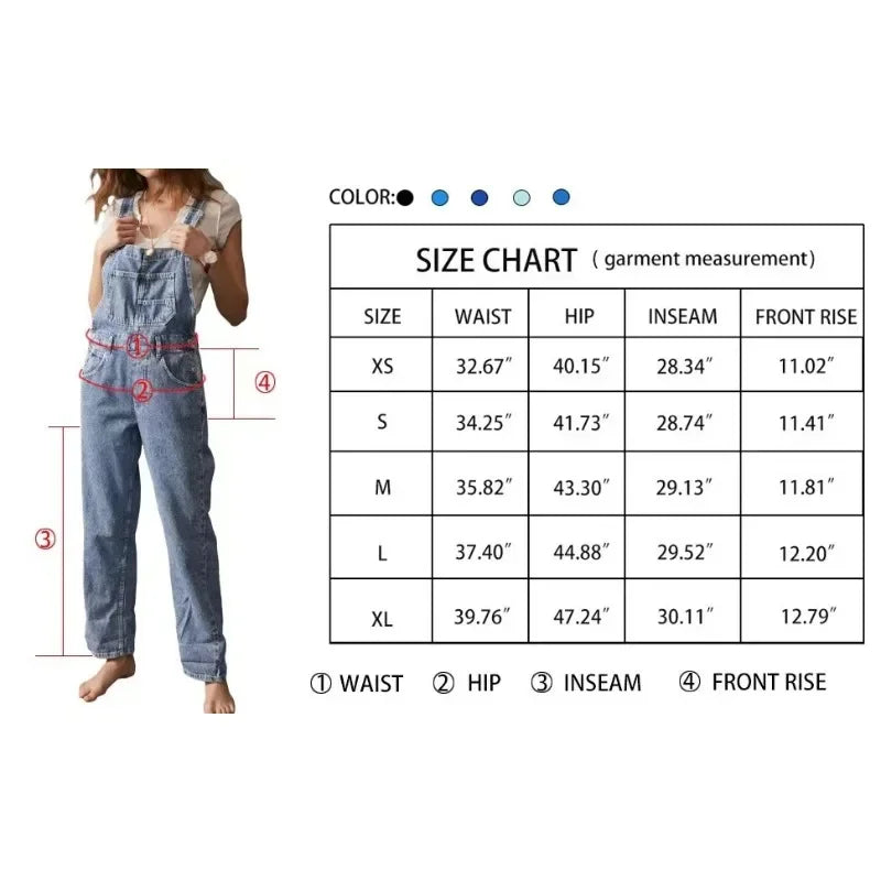 Casual Denim Overalls Loose Fit Long Bib Pants in White, Black, Dark and Light Blue