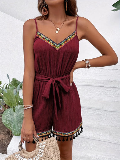 Boho Colorful Tassel Trim Text Pure Colorful Trim, and Adjustable Spaghetti Strap Jumpsuit and Sash
