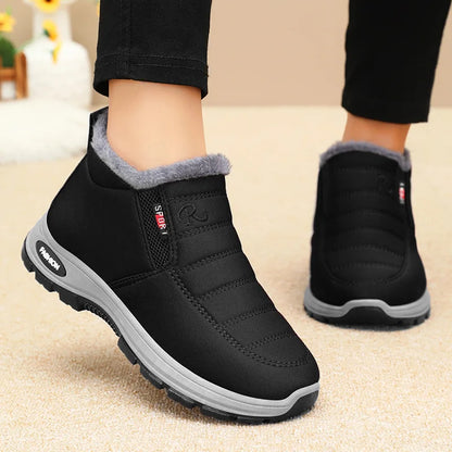 Waterproof Plush, Warm Ankle Snow Boots in Red, Black, Blue, Green, and Tan.