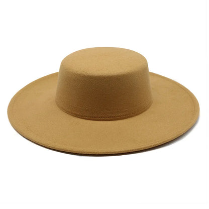 French Wide Brim Women's Fedora Wool Hat  Flat Top Felt in Marigold, White, and Black.