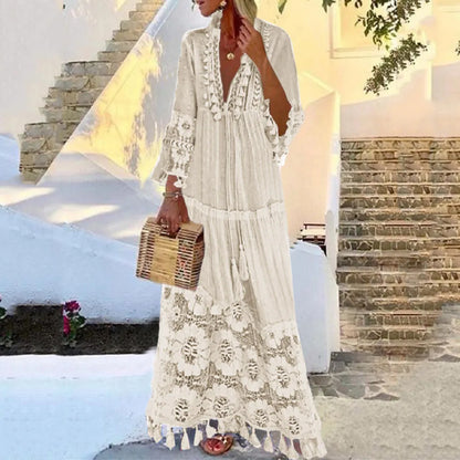 Sizes to 4XL Bohemian V-Neck Tassel Hems, Large Size, Lace flower tier, Casual Dress