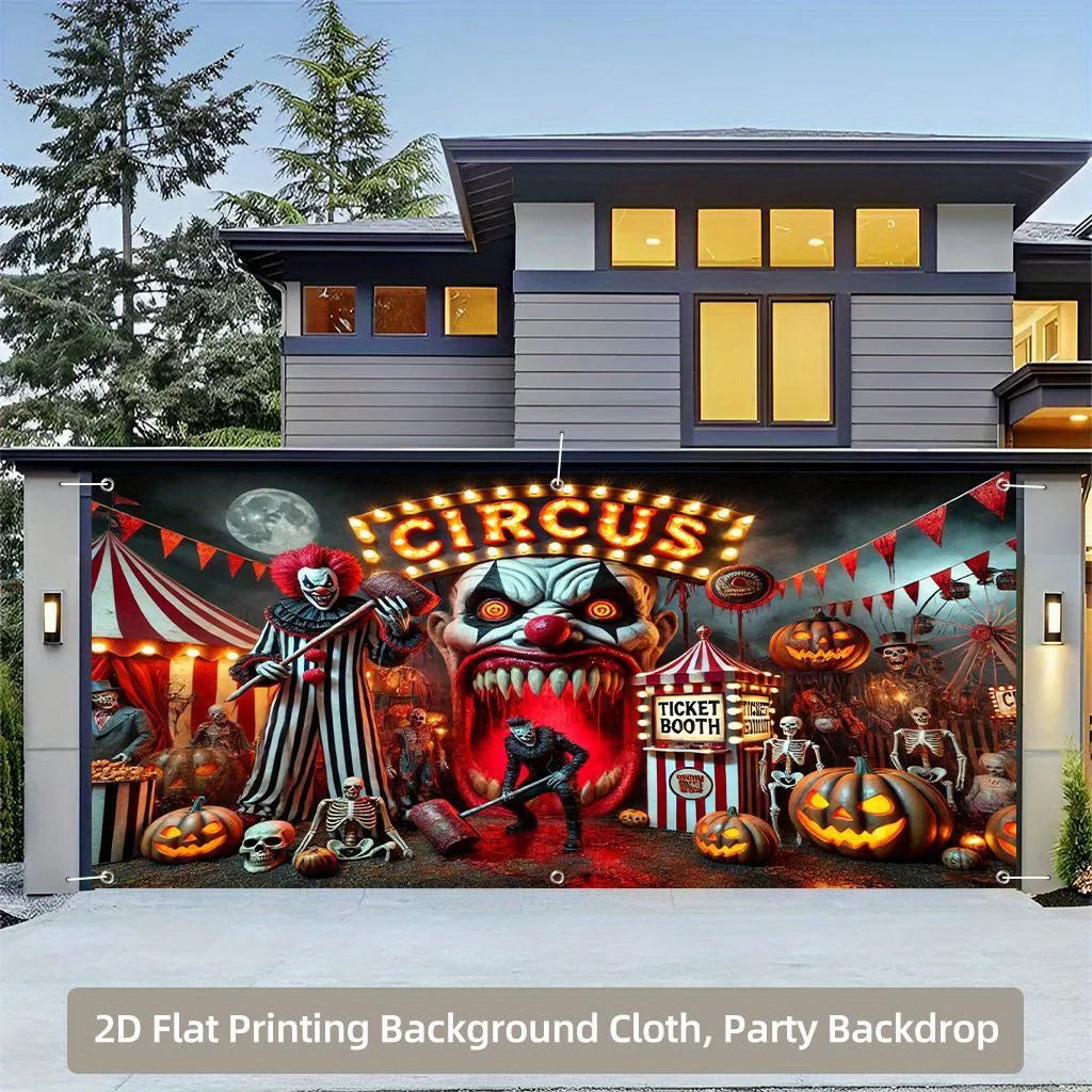 Graphic Printed Heavy Cloth Backdrop, Horror Clown Circus Scene, Polyester Garage Door Backdrop, Washable and Reusable