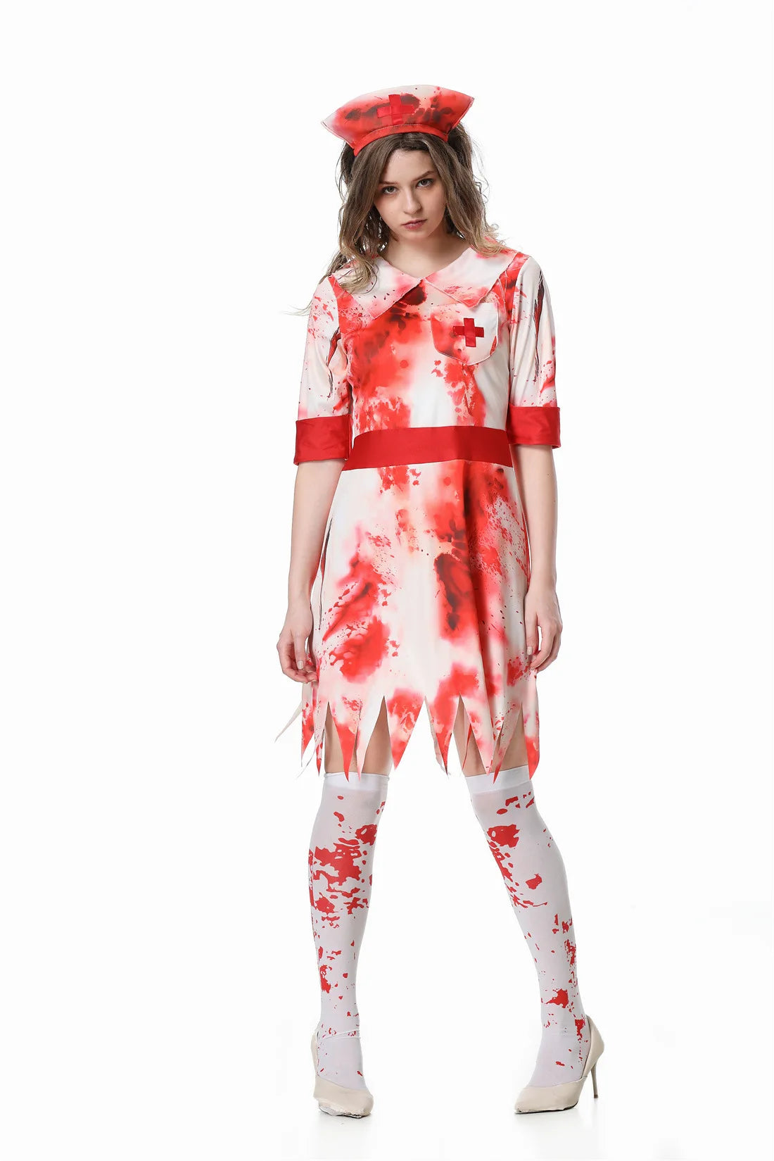 Halloween Scary Nurse Costumes Adult, Horror Bloody Printed Nurse Costume
