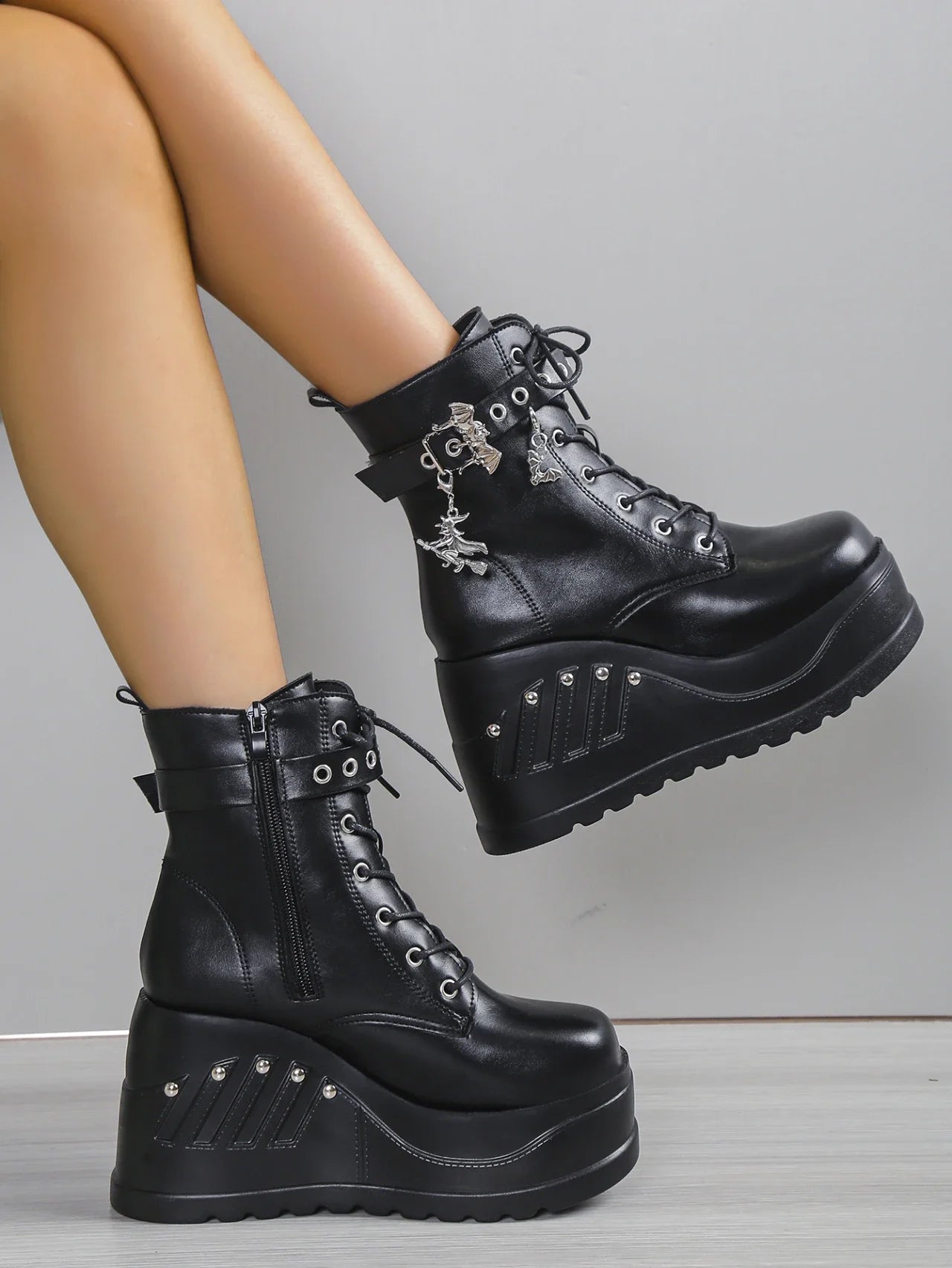 Punk Goth Platform Heels Wedge Heeled Boots, Tie and Strap Closures