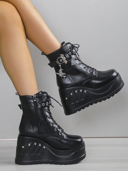 Punk Goth Platform Heels Wedge Heeled Boots, Tie and Strap Closures