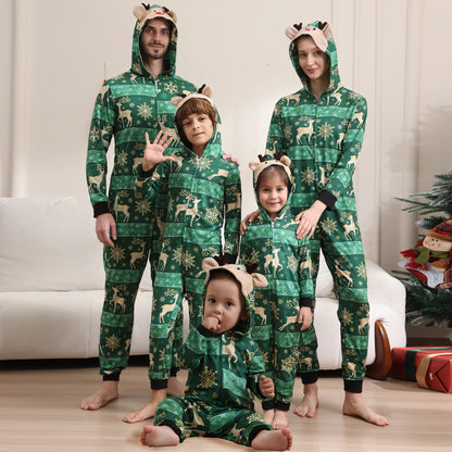 Family Rompers pajamas, hooded, zipper front, long sleeves and long pant legs, Comes in Red and Green