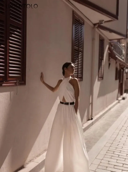 Backless Criss-cross Front, Back Button Halter Jumpsuit, Sleeveless, Slim High Waisted, Long Extra-Wide Leg Pants, Belted