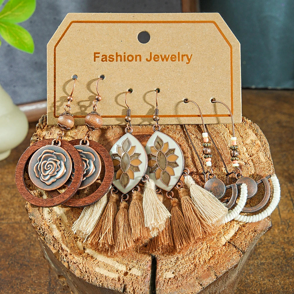 3 Pairs of Boho Vintage Earrings Dangle Earrings with an Ornamental Tribal Element .  7 different pallets