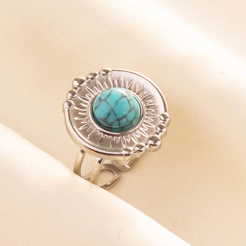 1pc Boho Turquoise Ring Stainless Steel Light Blue Gemstone Silver Adjustable Ring