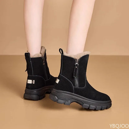 Thick cotton-lined snow boots with side zipper, weather-resistant, anti-slip, and  versatile short boots