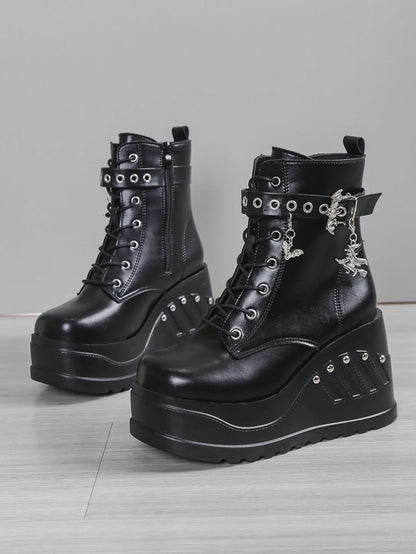 Punk Goth Platform Heels Wedge Heeled Boots, Tie and Strap Closures